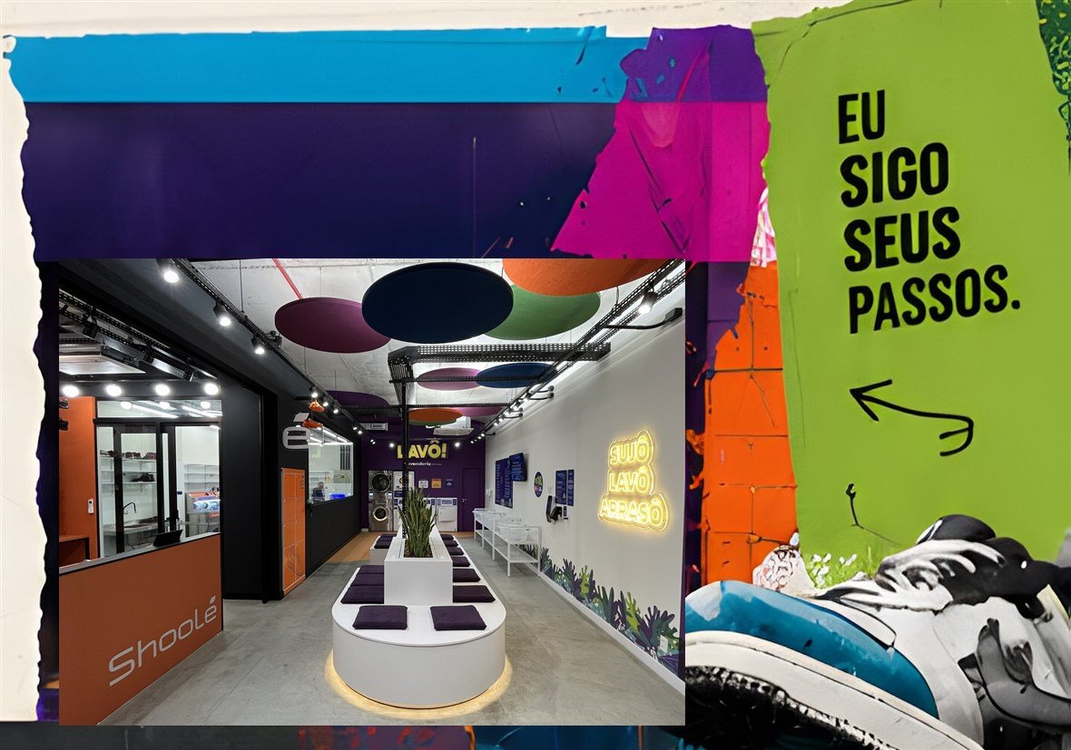 Colagem com a frase Eu sigo seus passos e, no vão da loja, o interior da unidade: balcão Shoolé, lockers laranja e a lavanderia Lavô ao fundo