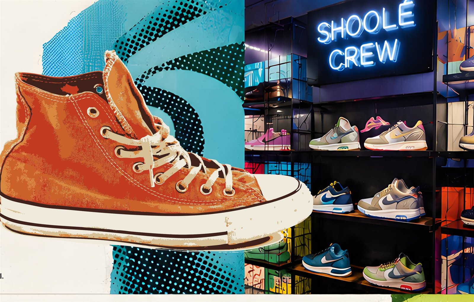 Colagem com tênis laranja e loja Shoolé Crew com letreiro neon